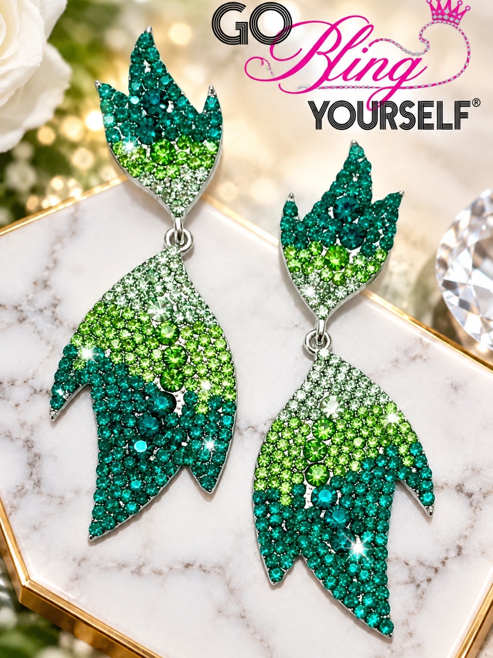 Custom Green Ombre Crystal Leaf Drop Earrings